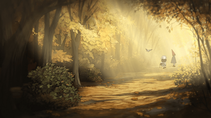 Over the Garden Walls characters in a forest
