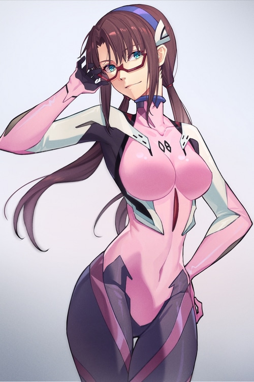 Makinami Mari Illustrious in a pink plugsuit with glasses