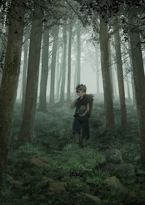 Chrome from Dr. Stone in a misty forest