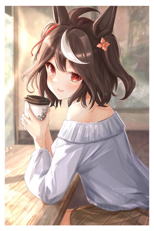 Kitasan Black from Uma Musume holding a coffee cup