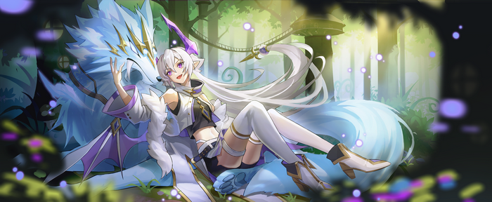 Girl with a wolf-like creature in a forest