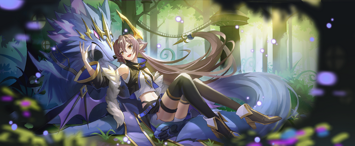 Girl with wolf in a magical forest