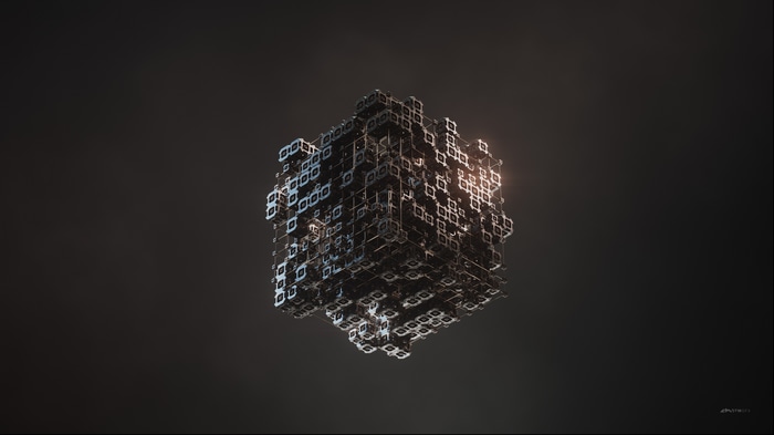 Abstract cube structure with metallic elements