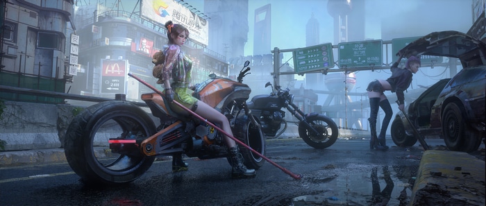 4K Biker Girls in Futuristic Shanghai