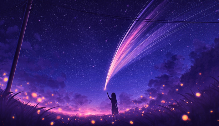 Girl reaching for a shooting star in a starry night sky