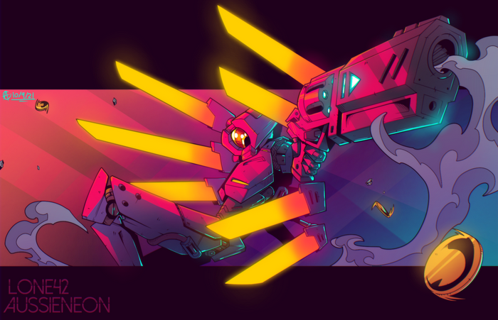 V1 (ULTRAKILL) with glowing blades and a large gun