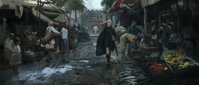 4K fantasy city market with a blonde woman