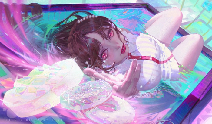 Anime girl with red eyes and donuts in water