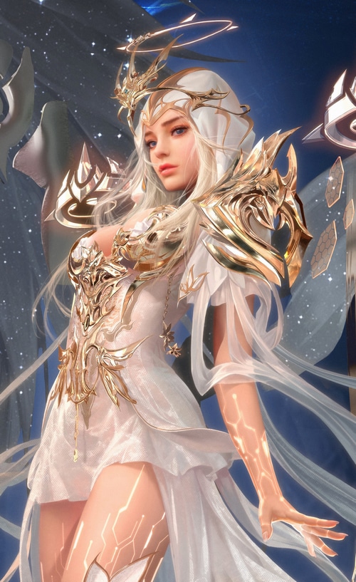 Fantasy girl with golden armor and nimbus