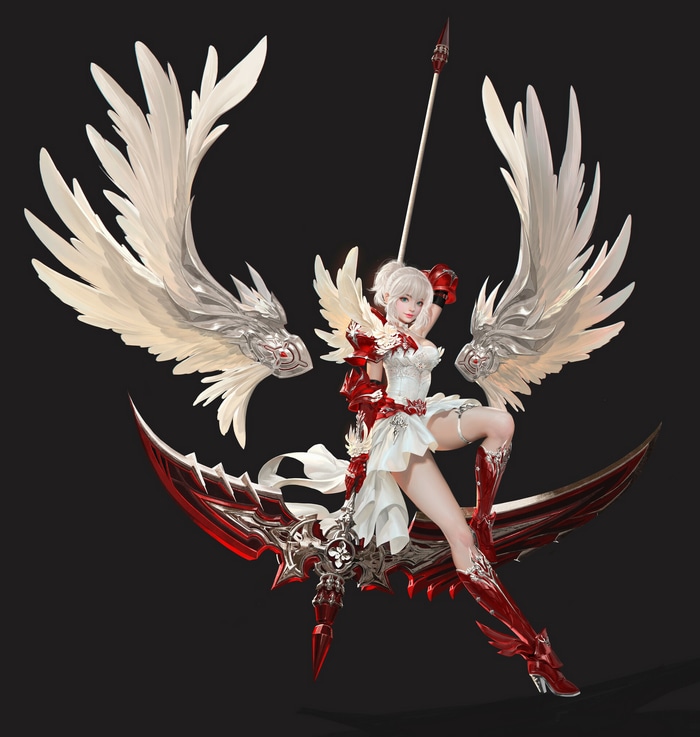Fantasy girl with wings and scythe weapon