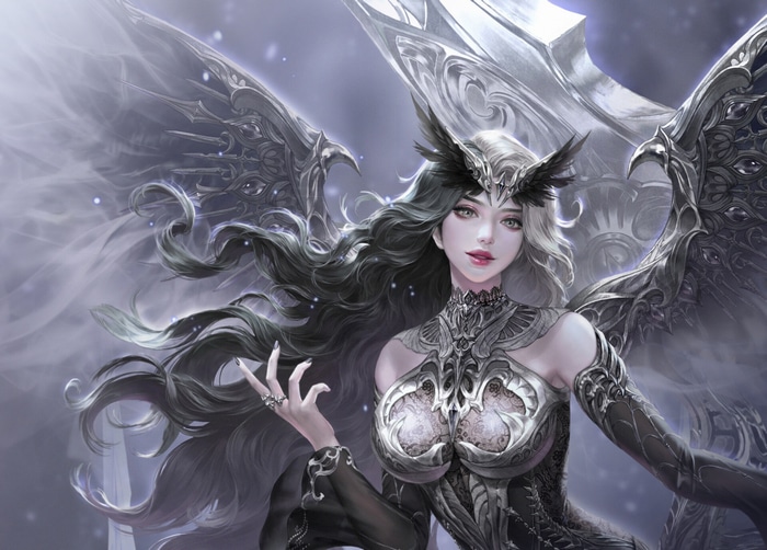 Fantasy girl with multi-colored hair and wings