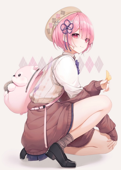 Ram from Re:Zero with a pink plush backpack