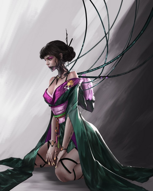 Futuristic cyborg woman in a kimono kneeling