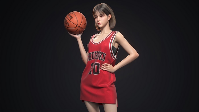 Woman in Slam Dunk Jersey Holding Basketball