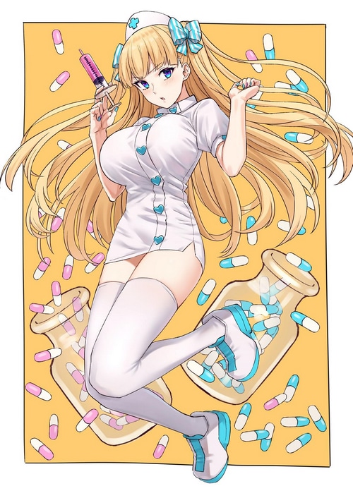 Nurse with blonde hair holding a syringe and pills