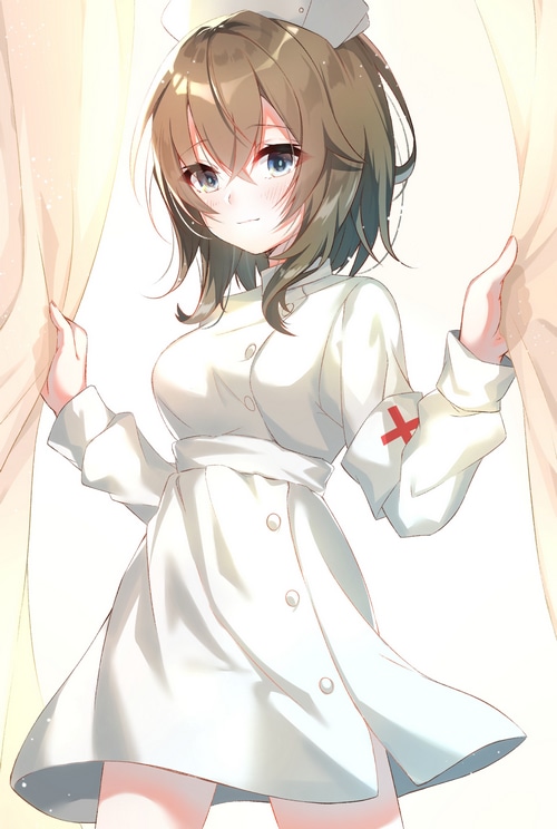 Nurse outfit anime girl peeking through curtains
