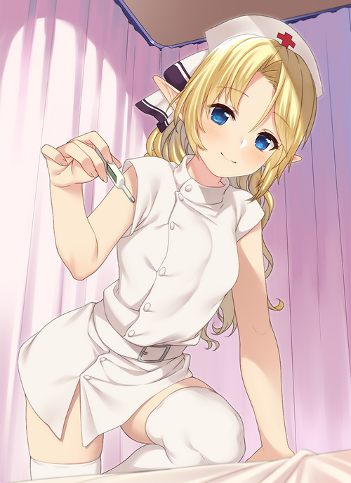 Elf nurse with blonde hair holding a thermometer