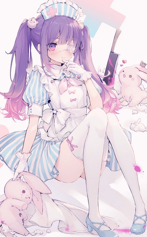 Anime nurse girl with purple hair and eyepatch