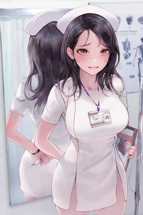 Nurse with Syringe in Mirror Reflection