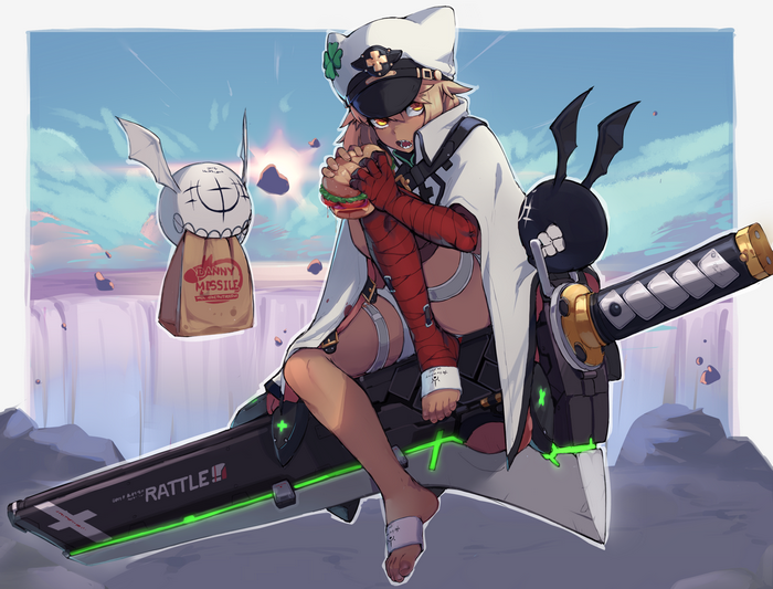 Ramlethal Valentine eating a burger with a large sword
