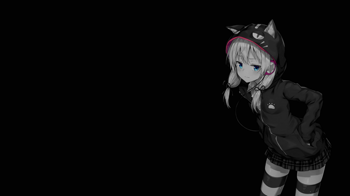 4k, Selective Coloring, Dark Background, Cat Girl, Black Background 