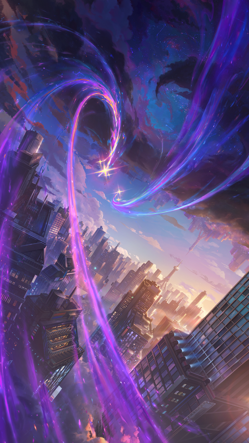 Guardians of Stars Cityscape with Cosmic Swirls