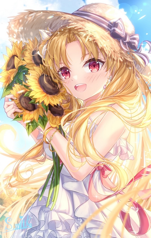 Ereshkigal holding sunflowers with a straw hat