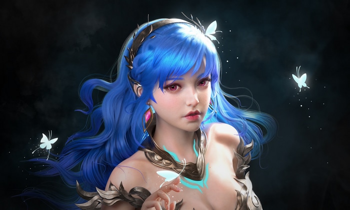 Fantasy girl with blue hair and butterflies