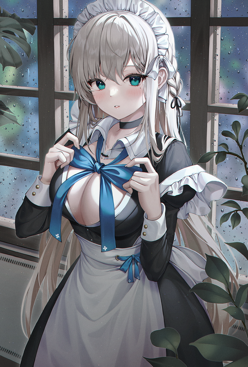 Maid with blue eyes and white hair by a window