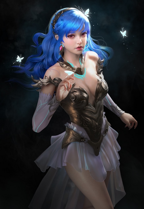Fantasy girl with blue hair and butterflies