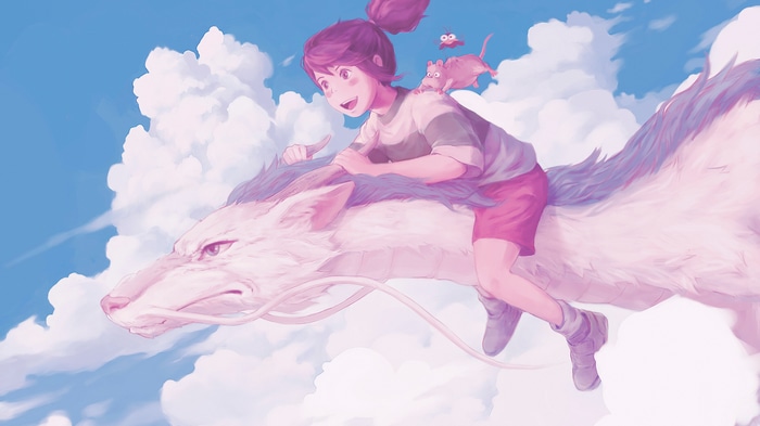 Chihiro and Haku flying through the clouds
