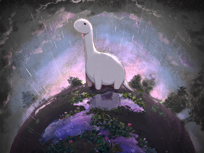 A white dinosaur stands in the rain