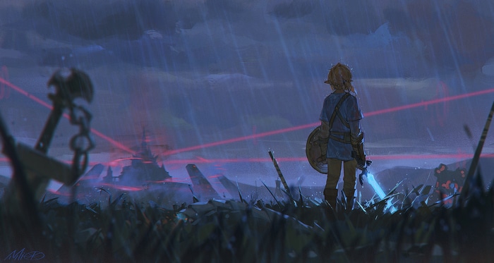 Link with Master Sword in Hyrule Castle ruins
