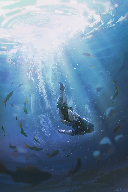 Link from The Legend of Zelda: Breath of the Wild underwater