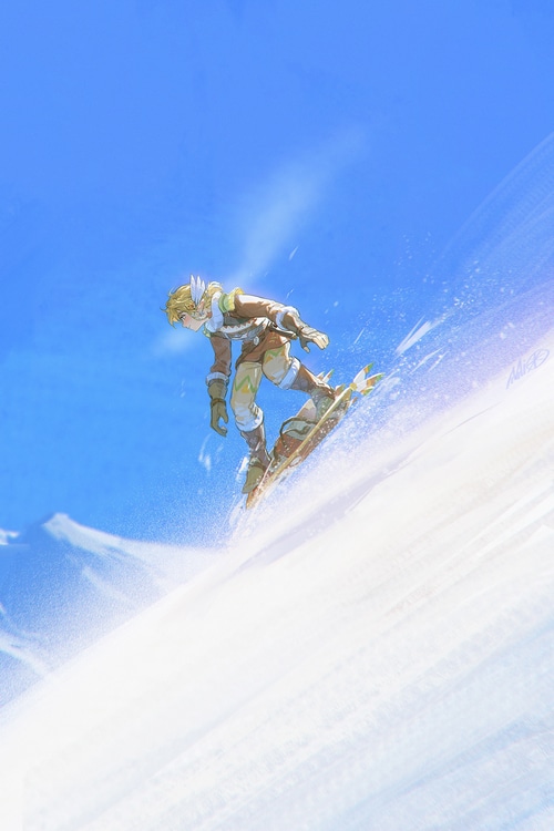Link snowboarding down a snowy mountain