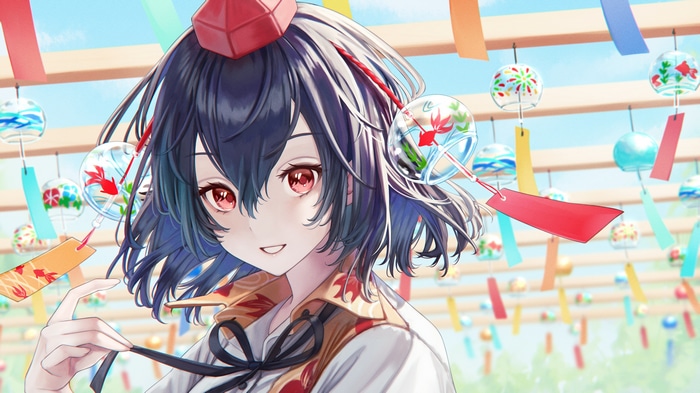 Girl with red eyes and wind chimes