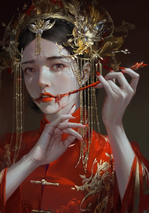 Fantasy girl in red dress with bloody mouth
