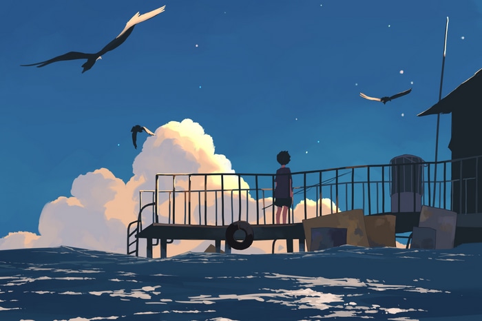 Anime boy on a pier with seagulls and clouds