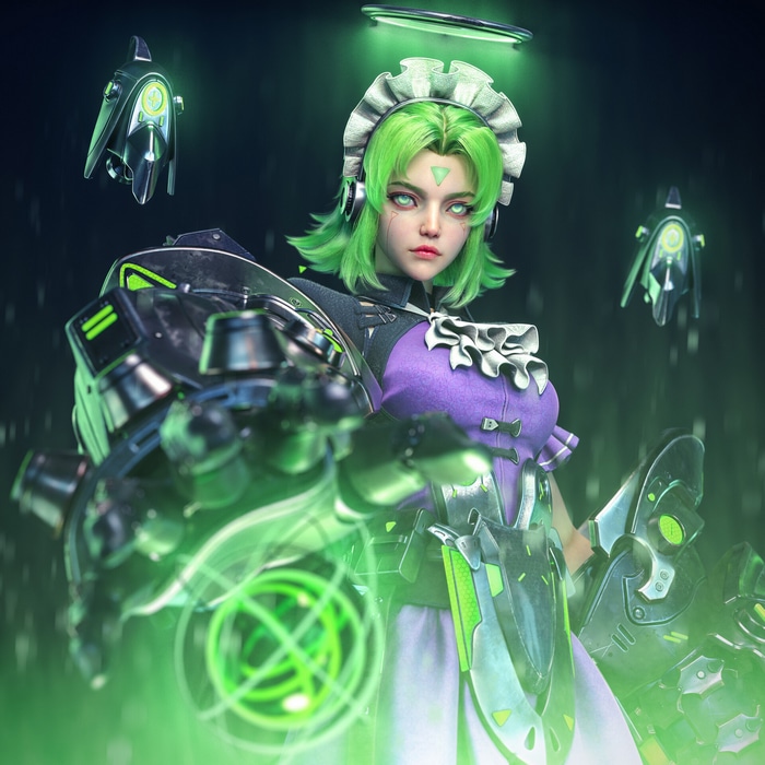Futuristic woman with green hair and cybernetic arm