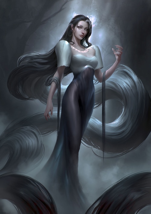 Fantasy art of a woman with long dark hair