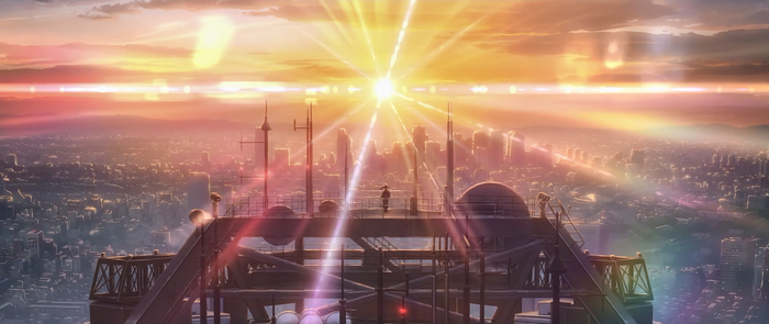 Anime cityscape at sunset with a person on a tower