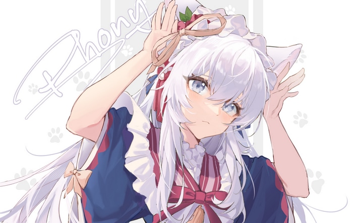 Anime cat girl with white hair and blue eyes