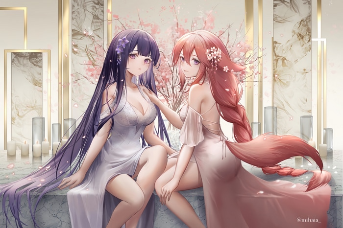 Raiden Shogun and Yae Miko in elegant dresses