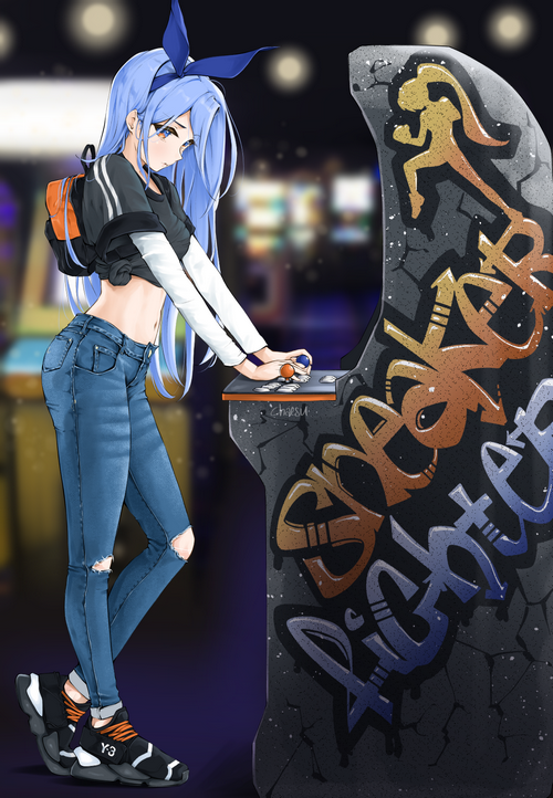 Anime girl with blue hair playing an arcade game