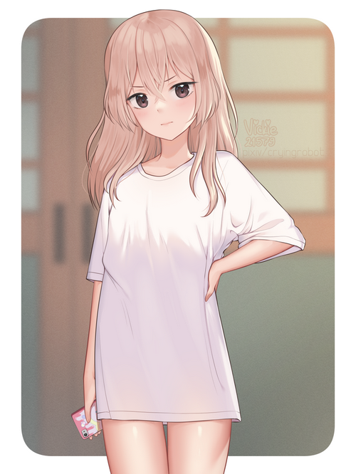 Artwork of a petite girl in a long shirt