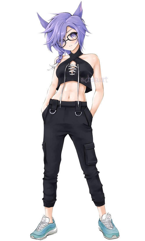 Artwork of a petite anime girl with purple hair and cat ears