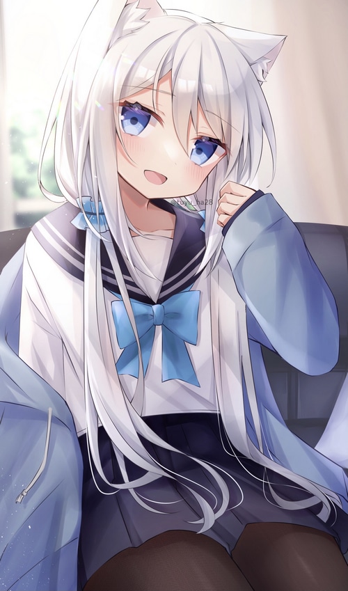 Cat girl in school uniform with white hair and blue eyes