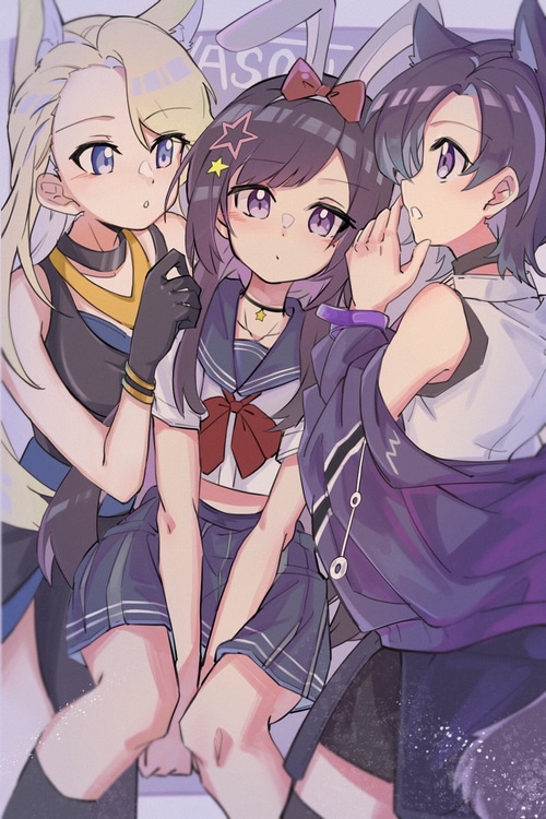 Three anime girls in school uniforms with animal ears