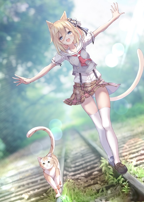 Cat girl and cat walking on train tracks