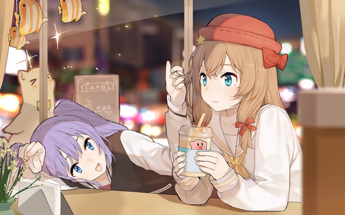 Two anime girls in a cafe at night